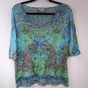 One World Peacock Top Women's Medium Burn Out Shirt Peacock Stud Embellishments